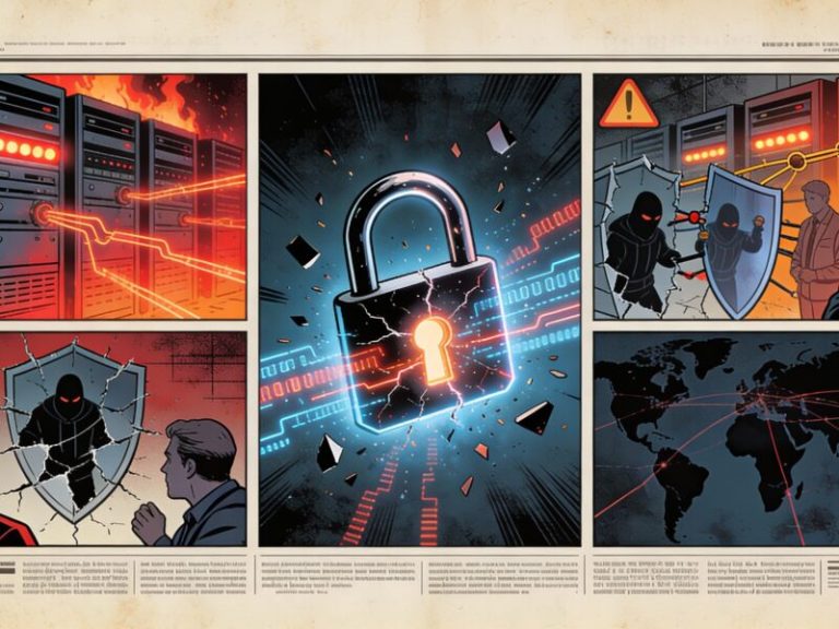 An editorial-style illustration of a corporate office environment showing a trusted employee misusing access to sensitive systems, with security analysts reviewing unusual activity on monitoring dashboards.