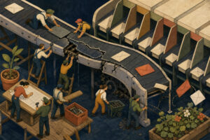 Hand-drawn isometric art of tiny office workers repairing a cracked mailroom conveyor as suspicious envelopes slip through sorting gates