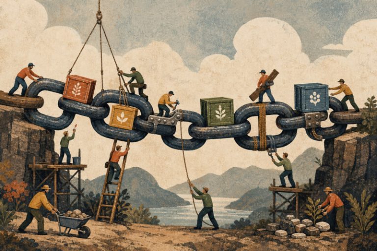Abstract editorial art of tiny workers reinforcing a chain bridge, each link marked by a supplier crate, showing shared strength and weak points
