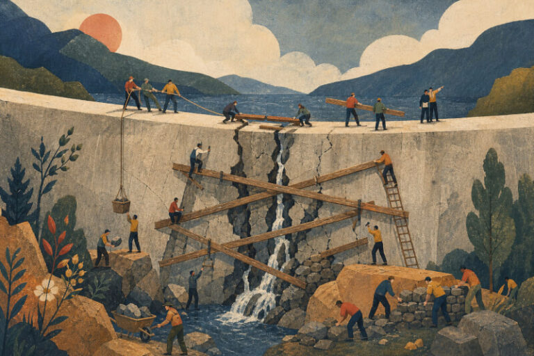 Abstract editorial art of workers bracing a cracked dam with beams as tiny teams coordinate repairs, symbolizing resilience under pressure