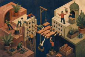 Hand-drawn isometric art of tiny office workers rebuilding a broken switchboard bridge as one caller distracts a gatekeeper at the far end
