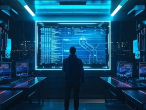 Editorial illustration of a security operations team reviewing user activity alerts on multiple screens while a manager discusses insider risk indicators in a modern office.